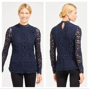 J. McLaughlin Long Sleeve Lace Crochet Top Navy Blue Size Small